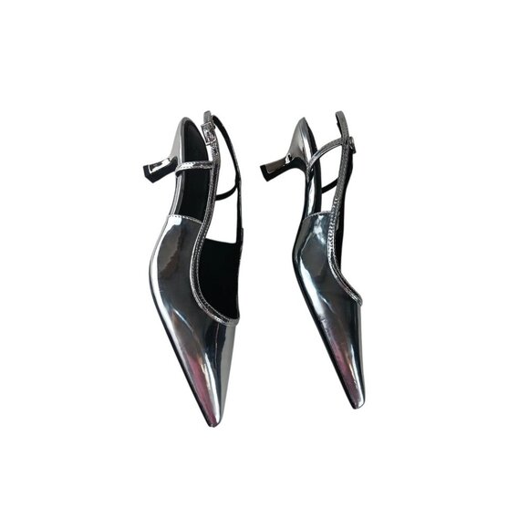 Asos Design Women's Wide Fit Stroll Slingback Kitten Heel Shoes in Silver size 5 - Picture 3 of 12